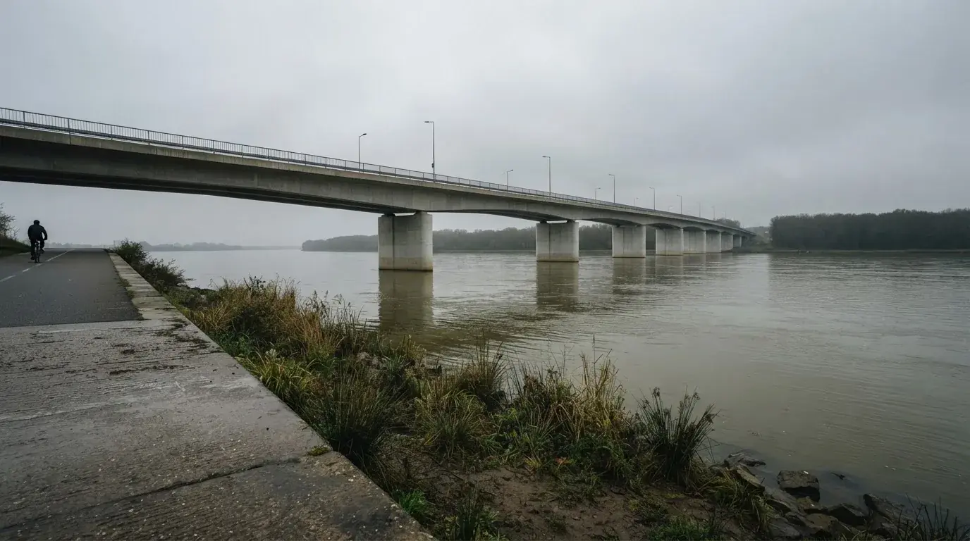 Betonowy most nad szeroką rzeką w pochmurny dzień, daleko samotny rowerzysta.